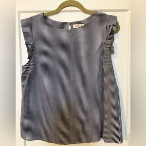 Monteau Navy and White Pinstripe Ruffle-Sleeve Tank